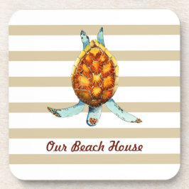 Beach House Pillow met Zee Turtle on Tan Stripes Bier Onderzetter