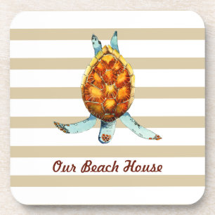 Beach House Pillow met Zee Turtle on Tan Stripes Bier Onderzetter