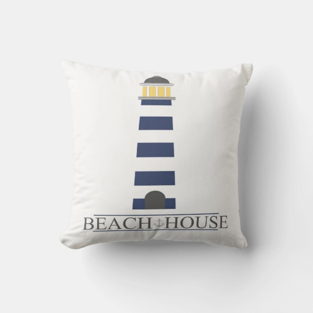 Beach House Pillow. Navy Blue Lighthouse Kussen (Voorkant)