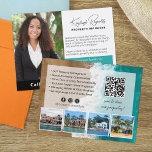 Beach House Rental Property Manager QR Code Foto Briefkaart<br><div class="desc">Personaliseer eenvoudig uw eigen aangepaste visitekaartjes voor uw vastgoedbeheer, vakantiewoningen, reserveringsservice voor appartementen en meer! Alle foto's kunnen worden vervangen door uw eigen geüploade afbeeldingen, inclusief persoonlijke agentfoto's en voorbeelden van vastgoedfoto's. Deze sjabloon bevat een aangepaste QR-code. Deel, adverteer en maak verbindingen met uw eigen gepersonaliseerde marketingkaarten voor vastgoedbeheer. Perfect...</div>