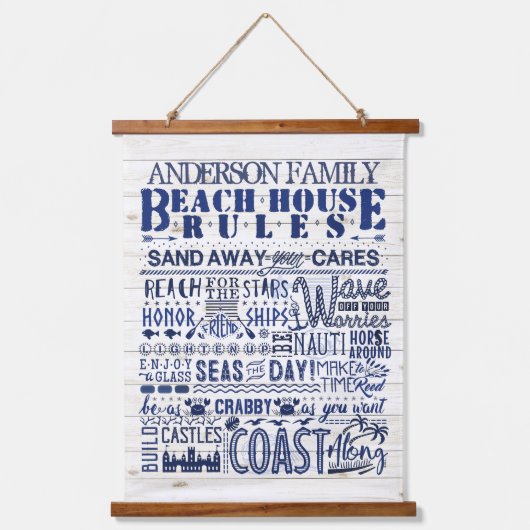 Beach House Rules Blue Coastal Personal Family Hangend Wandkleed (Voorkant)