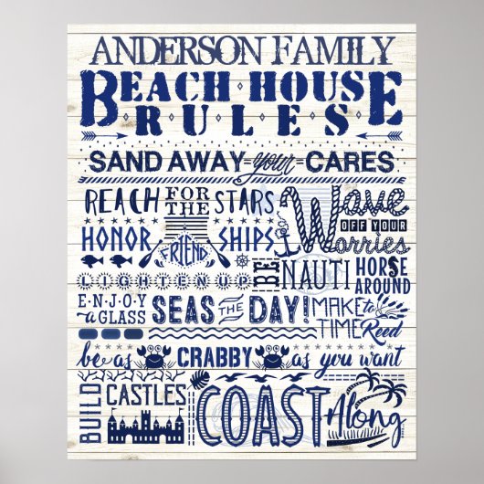 Beach House Rules Blue Coastal Personal Family Poster (Voorkant)