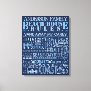 Beach House Rules Blue Custom Family Cotign Canvas Afdruk