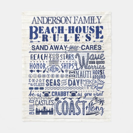Beach House Rules Coastal Blue Personated Family Fleece Deken (Voorkant)