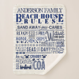 Beach House Rules Coastal Blue Personated Family Sherpa Deken