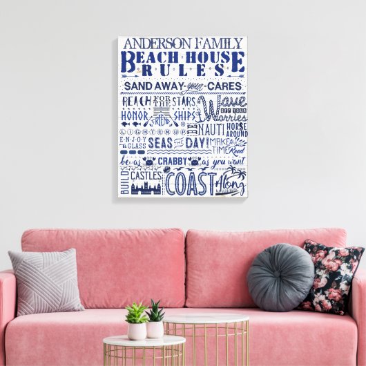 Beach House Rules Custom Family Cottin Sign Blue Canvas Afdruk (Insitu (Woonkamer))