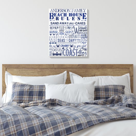 Beach House Rules Custom Family Cottin Sign Blue Canvas Afdruk (Insitu (Slaapkamer))