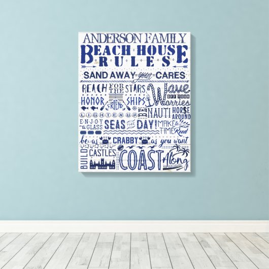 Beach House Rules Custom Family Cottin Sign Blue Canvas Afdruk (Insitu (Houten vloer))