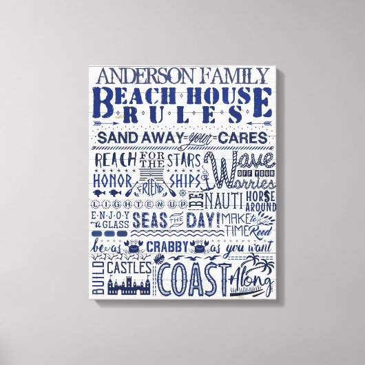 Beach House Rules Custom Family Cottin Sign Blue Canvas Afdruk (Voorkant)
