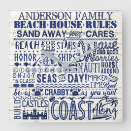 Beach House Rules Custom Family Name Blue Coastal Vierkante Klok