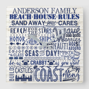 Beach House Rules Custom Family Name Blue Coastal Vierkante Klok
