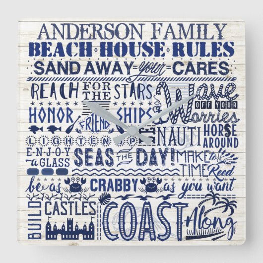 Beach House Rules Custom Family Name Blue Coastal Vierkante Klok (Voorkant)
