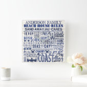 Beach House Rules Custom Family Name Blue Coastal Vierkante Klok (Huis)
