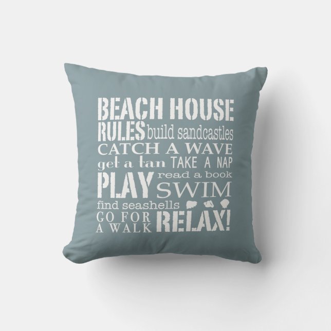Beach House Rules in Denim Blue Square Pillow Kussen (Voorkant)
