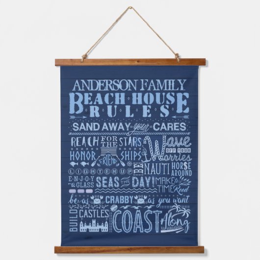 Beach House Rules Navy Blue Coastal Custom Family Hangend Wandkleed (Voorkant)