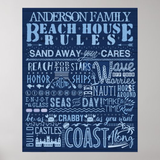 Beach House Rules Navy Blue Coastal Custom Family Poster (Voorkant)
