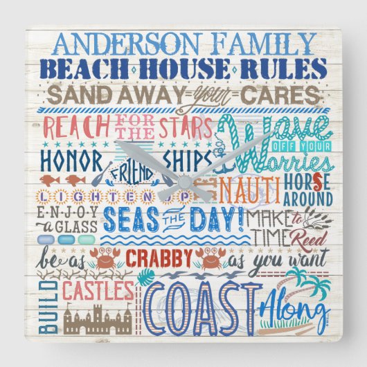 Beach House Rules Persoonlijke familienaam Kustal Vierkante Klok (Voorkant)