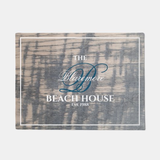 Beach House Rustic Wood Effect Blue Initiaal Scrip Deurmat (Voorkant)