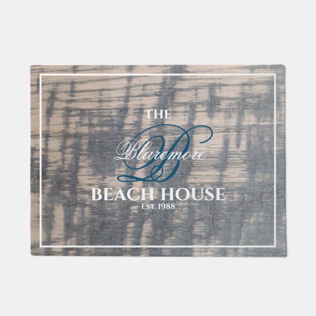 Beach House Rustic Wood Effect Blue Initiaal Scrip Deurmat (Voorkant)