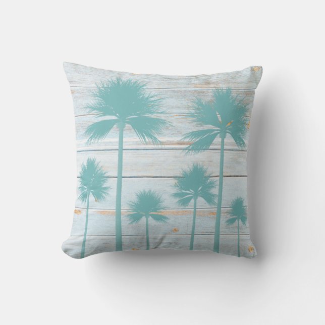 Beach House Rustic Wood Palm Tree Pillow Kussen (Voorkant)