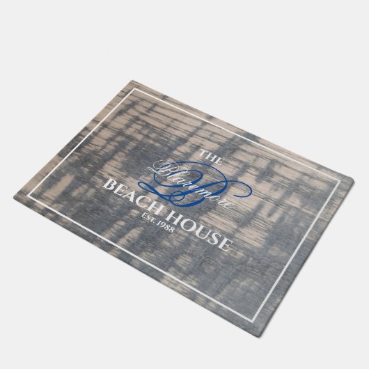 Beach House Rustisch houtaffect Witte naam Blauw Deurmat (Schuin)