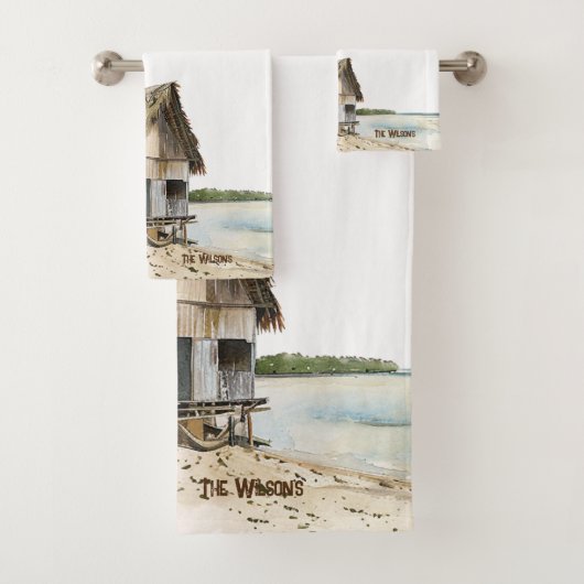 Beach House Scène Waterverf Ontwerp Bad Handdoek (Insitu)