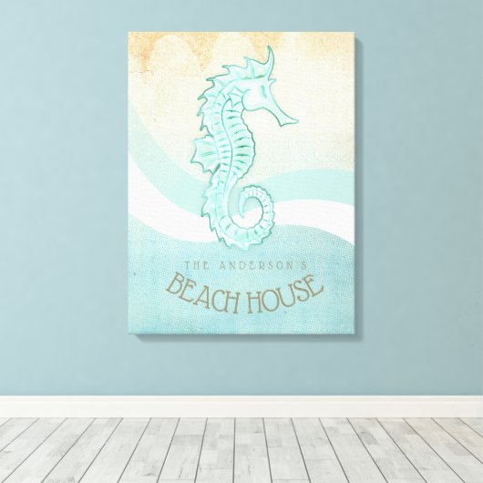 Beach House Seahorse Aqua Blue ID623 Canvas Afdruk (Insitu (Houten vloer))