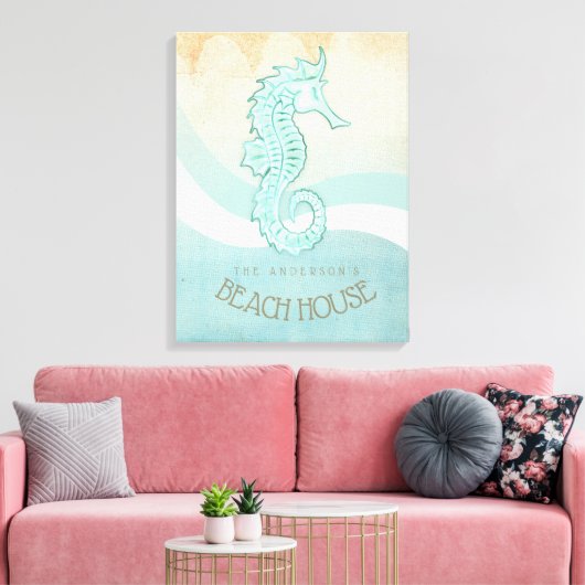 Beach House Seahorse Aqua Blue ID623 Canvas Afdruk (Insitu (Woonkamer))