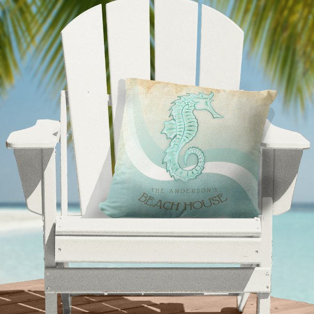 Beach House Seahorse Aqua Blue ID623 Kussen (Creator heeft geüpload)