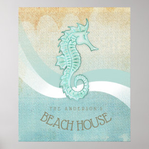 Beach House Seahorse Aqua Blue ID623 Poster