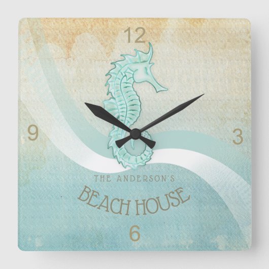 Beach House Seahorse Aqua Blue ID623 Vierkante Klok (Voorkant)