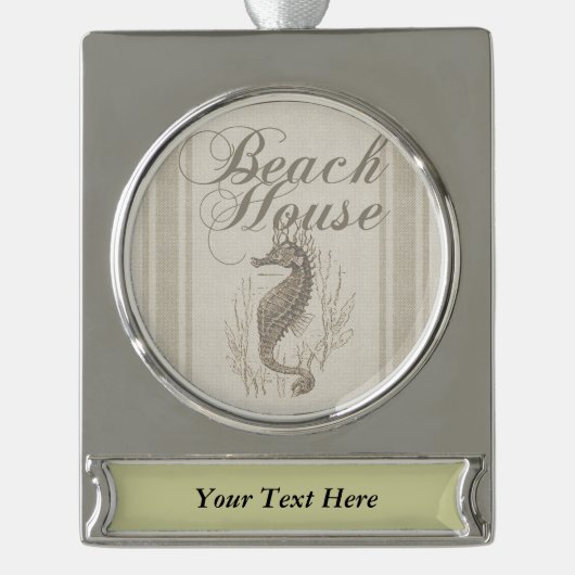 Beach House Seahorse Seashore Verzilverd Banner Ornament (Voorkant)