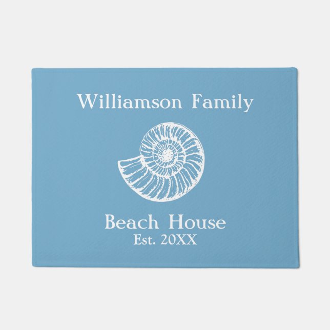 Beach House Shell Blue Monogrammed Deurmat (Voorkant)