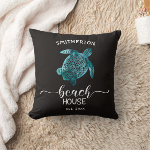 Beach House Turquoise Turtle Black Name Family Kussen