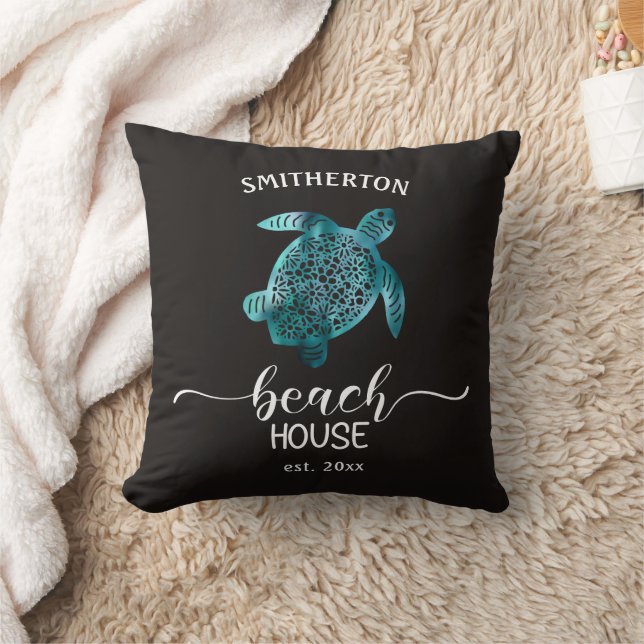 Beach House Turquoise Turtle Black Name Family Kussen (Deken)