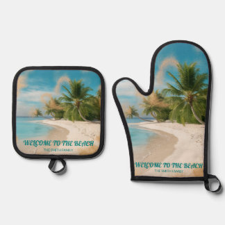 Beach House Vibes Gepersonaliseerd cadeau Ovenwant & Pannenlap Set