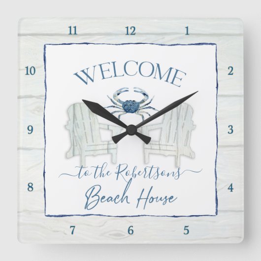 Beach House Waterverf Adirondack-stoel Crab Name Vierkante Klok (Voorkant)