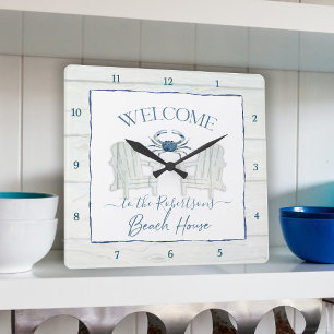 Beach House Waterverf Adirondack-stoel Crab Name Vierkante Klok