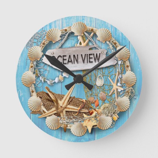 Beach Hut/Beach House Clock, Ocean Uitzicht Ronde Klok (Voorkant)