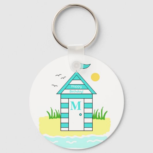 Beach Hut Light Blue Key Ring Sleutelhanger (Voorkant)