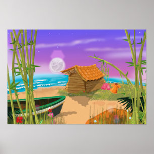 "Beach Hut on moonlit strand" "strandhut" "cartoon Poster