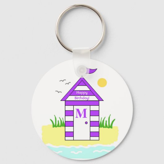 Beach Hut Paarse Key Ring Sleutelhanger (Voorkant)