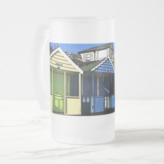 Beach huts and blue skies enlish sebe side foto matglas bierpul (Voorkant links)