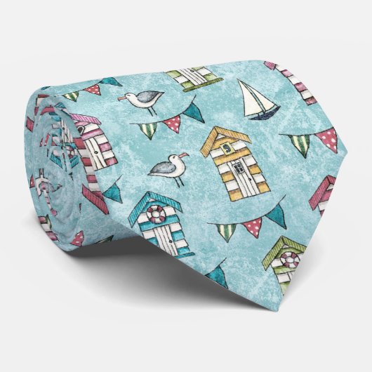 Beach Huts and Gulls Pattern Stropdas (Opgerold)