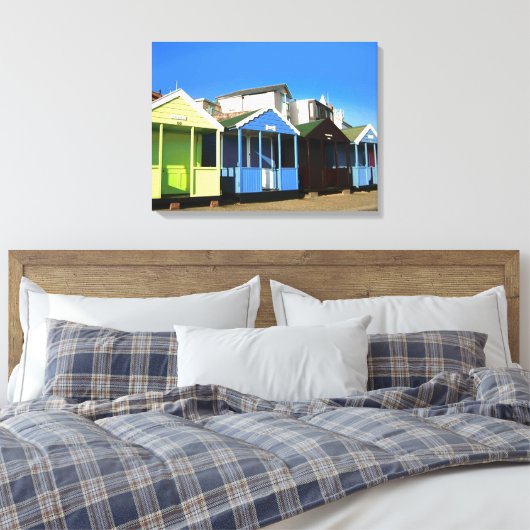 Beach huts blauw skies zand engele zeefoto canvas afdruk (Insitu (Slaapkamer))
