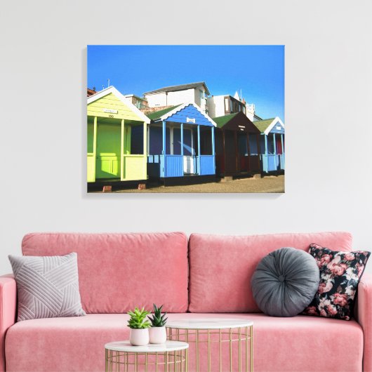 Beach huts blauw skies zand engele zeefoto canvas afdruk (Insitu (Woonkamer))