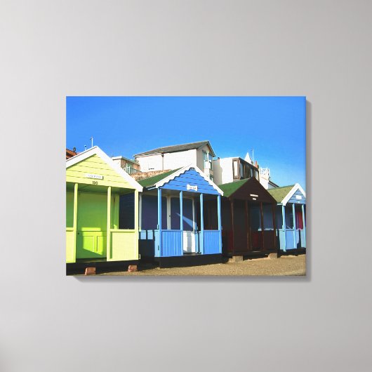 Beach huts blauw skies zand engele zeefoto canvas afdruk (Voorkant)