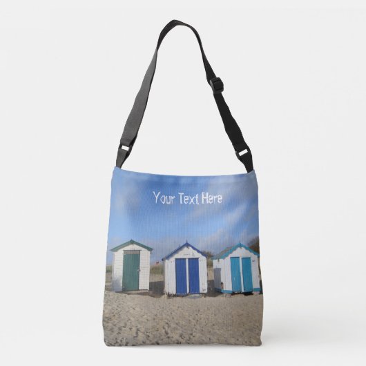 Beach huts blauw skies zand engele zeefoto crossbody tas (Achterkant)