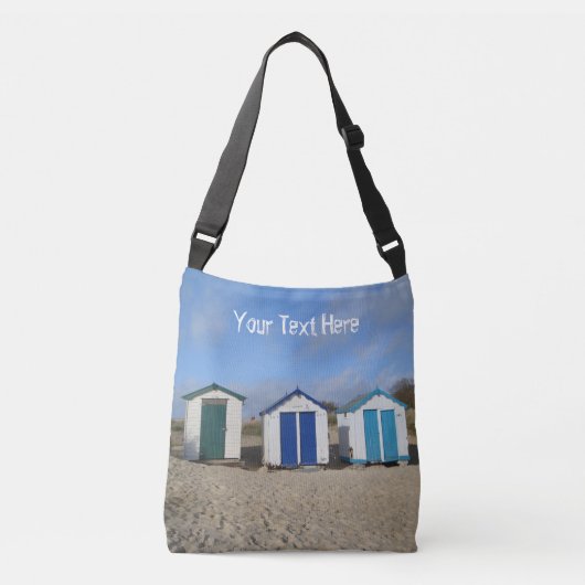 Beach huts blauw skies zand engele zeefoto crossbody tas (Voorkant)