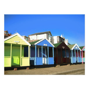 Beach huts blauw skies zand engele zeefoto foto afdruk
